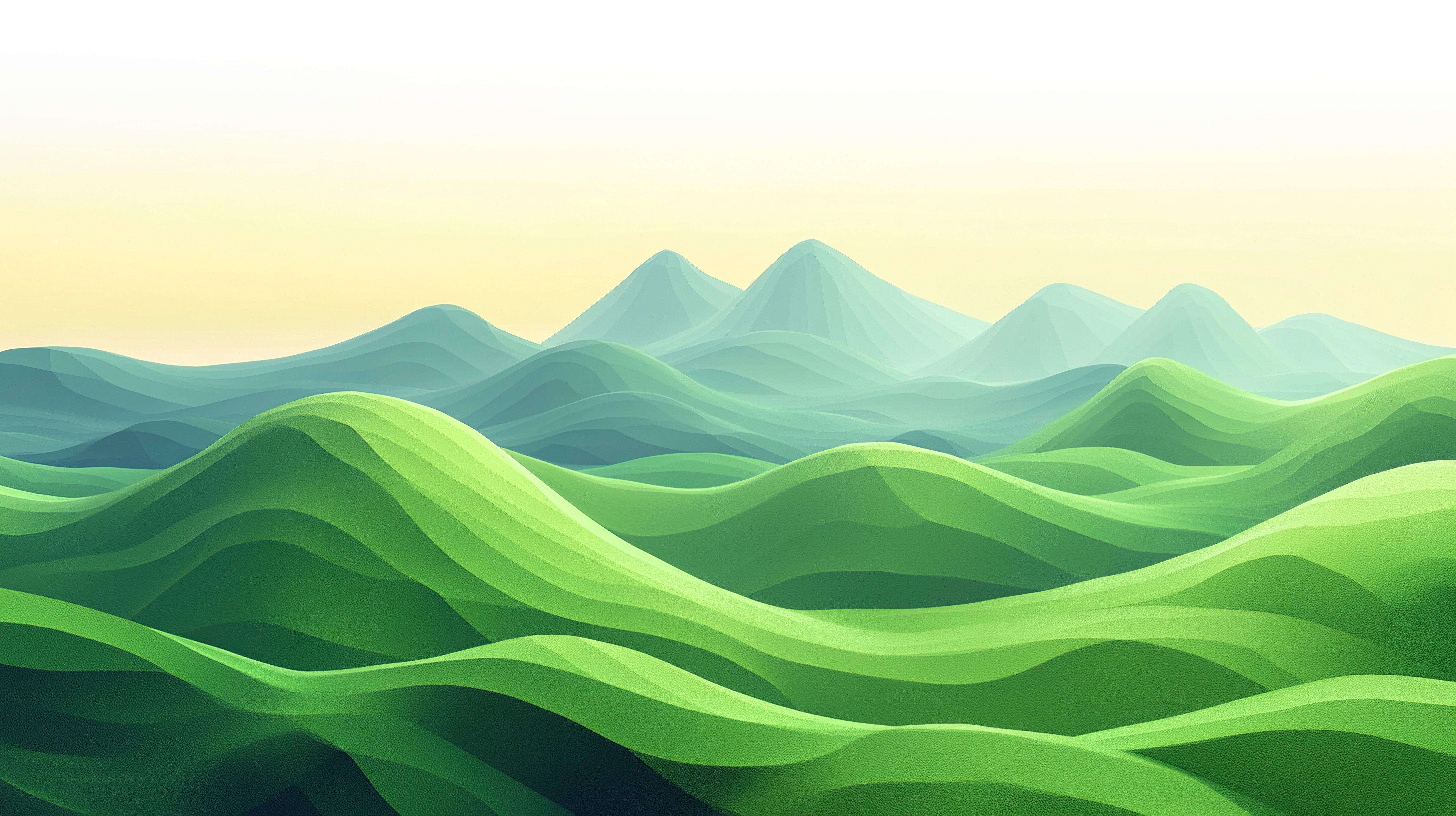 Illustrative landscape of green hills and mountains.