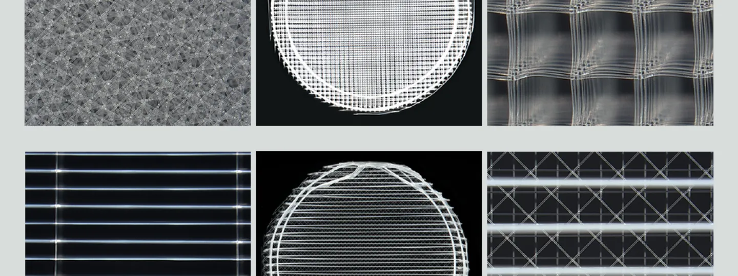 A composite of six different images of microfiber scaffolds, which appear like black and white patterns in lines, squares, and circles.