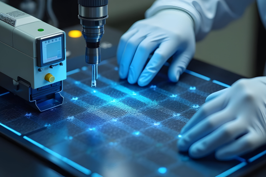 Close-up of gloved hands operating a precision lab instrument over a glass surface illuminated with blue light patterns.