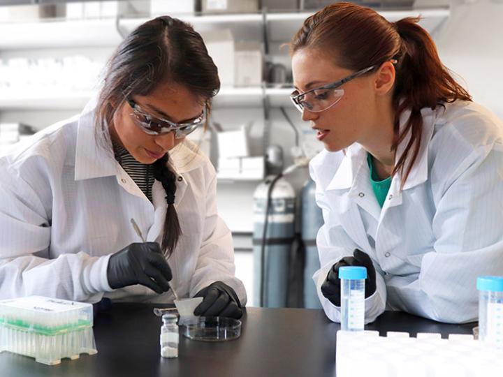 Two scientists wearing labcoats and safety glasses work in a lab. 