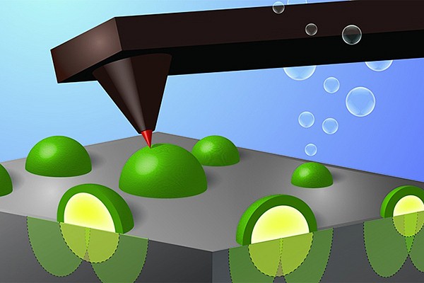 Tiny electrode tip moves over the interface of nickel nanoparticles on a silicon wafer (Illustration by Shannon Boettcher).